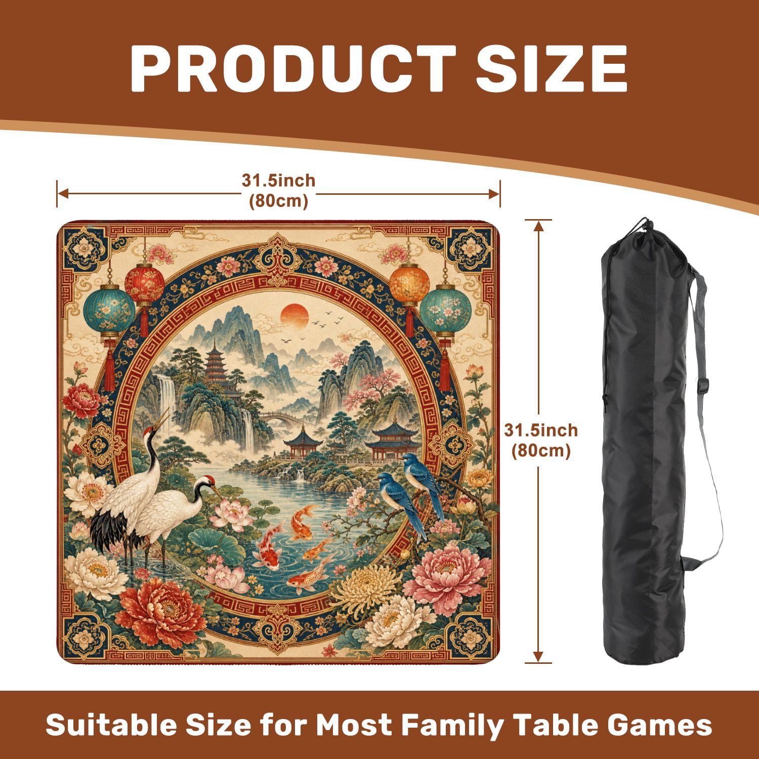 Mahjong Mat 31.5" x 31.5" Chinese Style Floral Circular Frame Cranes Koi Fish Traditional Non-Slip Noise Reduction Chic Portable Gaming Table Cover for Family Game Night & Gift
