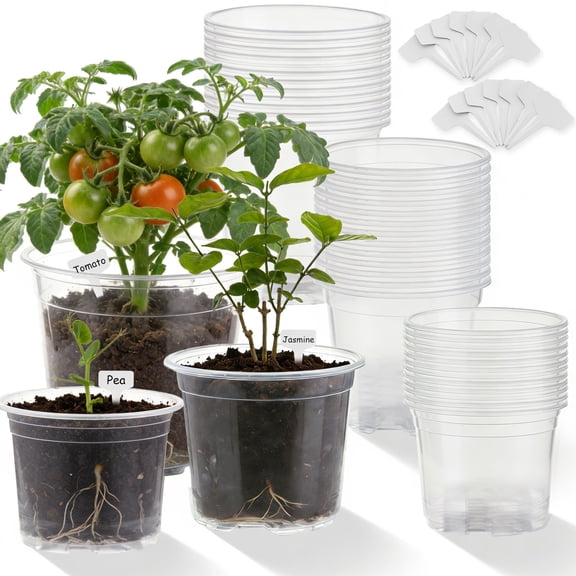 urorentea 36 Pack 3.5/4/5 inch Clear Nursery Pot, Plastic Plant Pots with Drainage Holes, Transparent Variety Pack Seed Starting Pots for Indoor Outdoor Plants with 36 Plant Labels