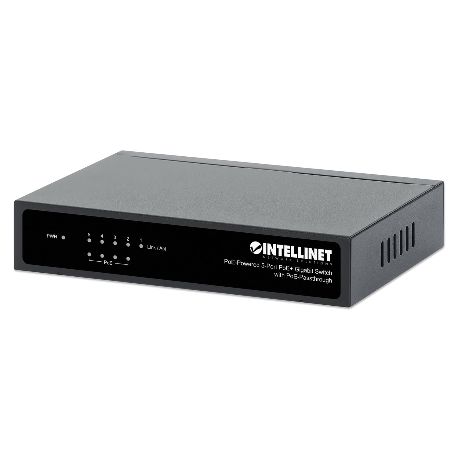 Intellinet PoE-Powered 5-Port Gigabit Switch with PoE-Passthrough | 60W, Rear-facing Ports, Fanless, Desktop Format, Wall-mount Option | NDAA-compliant