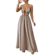 thumbnail image 3 of Women's Striped Halter Maxi Dress Backless Smocked Beach Vacation Boho Dress Khaki S, 3 of 9