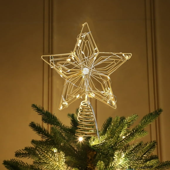 Vaidha 3D Gold Metal Christmas Tree Topper Star | LED Lighted Tree Topper Decoration | Battery Powered Star Lamp for Holiday Decor | 9.84 Inch