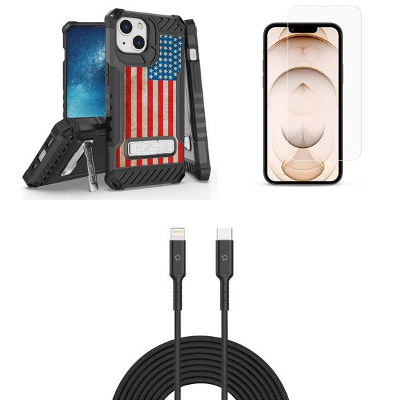 Bemz iPhone 13 Mini Bundle: Tri Shield Military Grade Armor Rugged Case (Vintage American Flag), Premium Glass Screen Protectors (2-Pack), USB-C to Lightning Cable (3.3ft/1m)