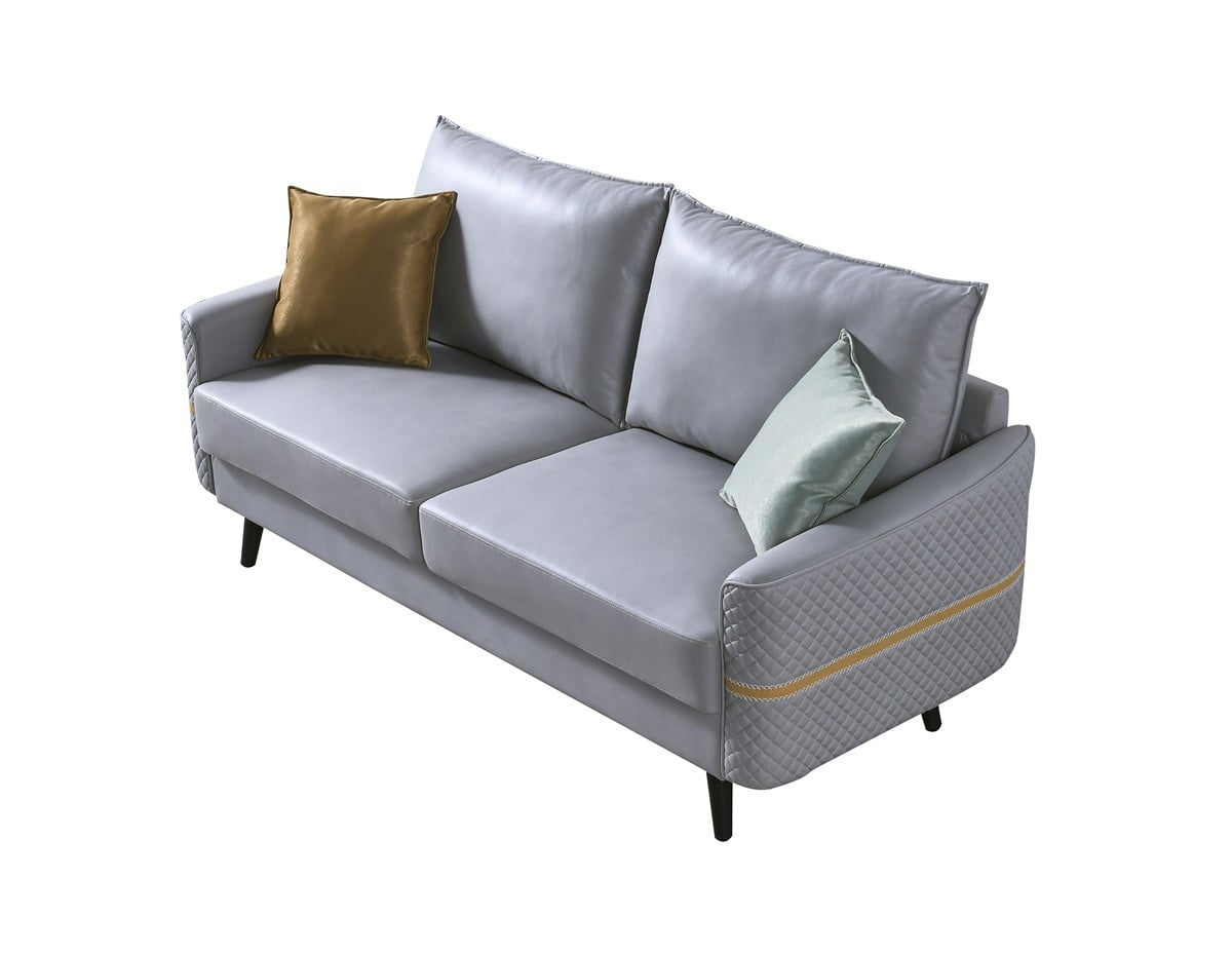 Living Room Leather Sofa Couch, 3-Seat Tufted Love Seat with 2 Pillows, Light Blue Living Room Leather Sofa Couch, 3-Seat Tufted Love Seat with 2 Pillows, Light Blue