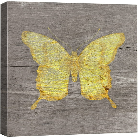 wall26 Canvas Print Wall Art Yellow Wood Effect Butterfly Nature Plants Wood Panels Modern Art Farmhouse/Country Colorful Multicolor Warm for Living Room, Bedroom, Office - 12"x12"
