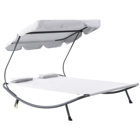Outsunny Double Patio Lounger with Adjustable Canopy, Outdoor Daybed Hammock Lounger with Headrest Pillows, Two Moving Wheels for Poolside, Garden, Cream White