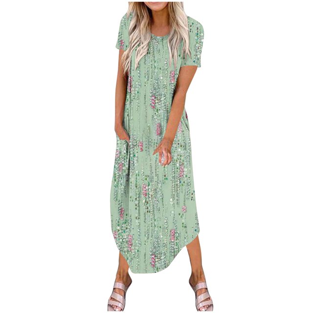 Vestidos de Verano de Mujer Casual Cuello Redondo Bolsillos de Manga Corta Impresión Vestido Largo, Vestido Ligero de Poliéster para Diario, Fiesta Y Primavera