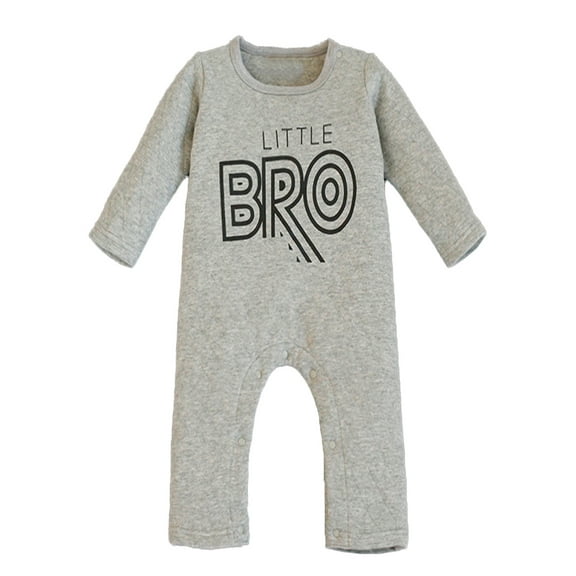 StylesILove Little Bro Print Warm Long Sleeve Baby Romper (6-12 Months, Grey-Black)