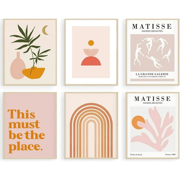 ORUYROP Matisse Wall Art Prints Set of 6, Abstract Matisse Wall Art Exhibition Posters, Minimalist Boho Canvas Art Prints Beige Pink Room Decor, Pinke Boho Wall Art Decor for Room Aesthetic, B