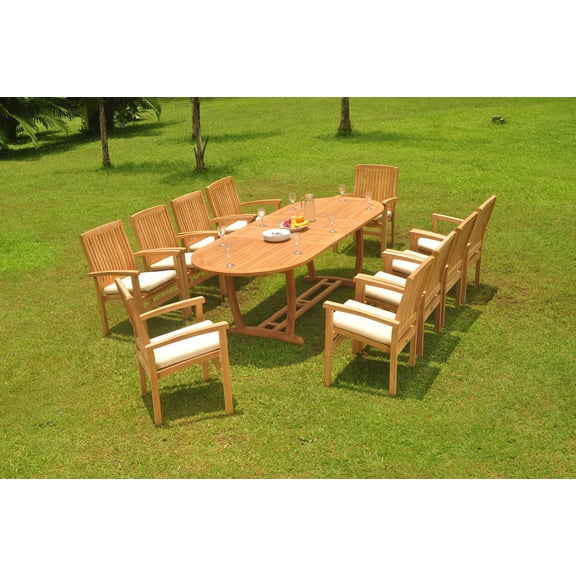 Grade-A Teak Dining Set: 10 Seater 11 Pc: 94" Mas Oval Trestle Leg Table And 10 Wave Stacking Arm Chairs Outdoor Patio WholesaleTeak #WMDSWVx