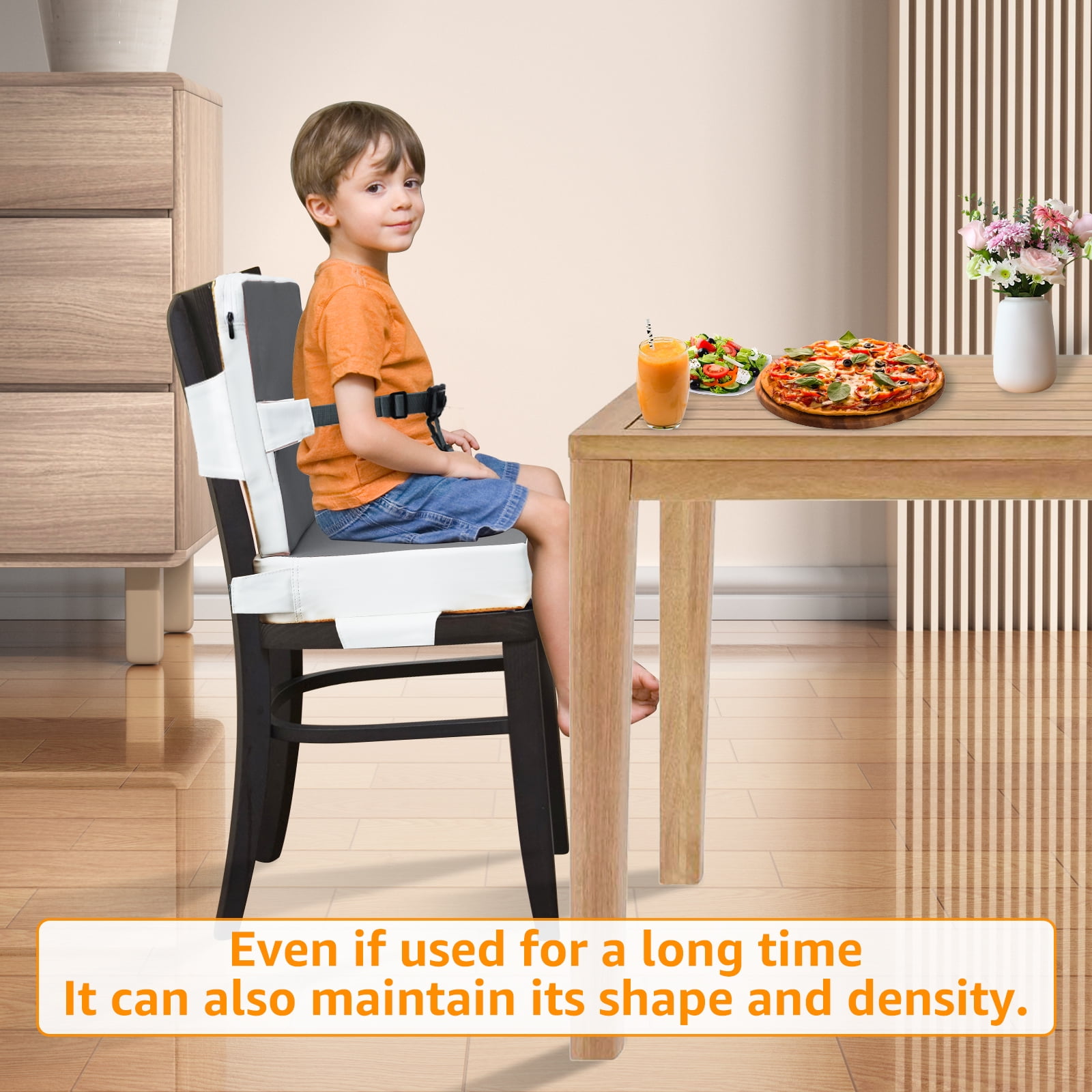 Dznils Toddler Booster Seat for Dining Table, with Backrest, Safety Buckles, Non-Slip Bottom, Gray