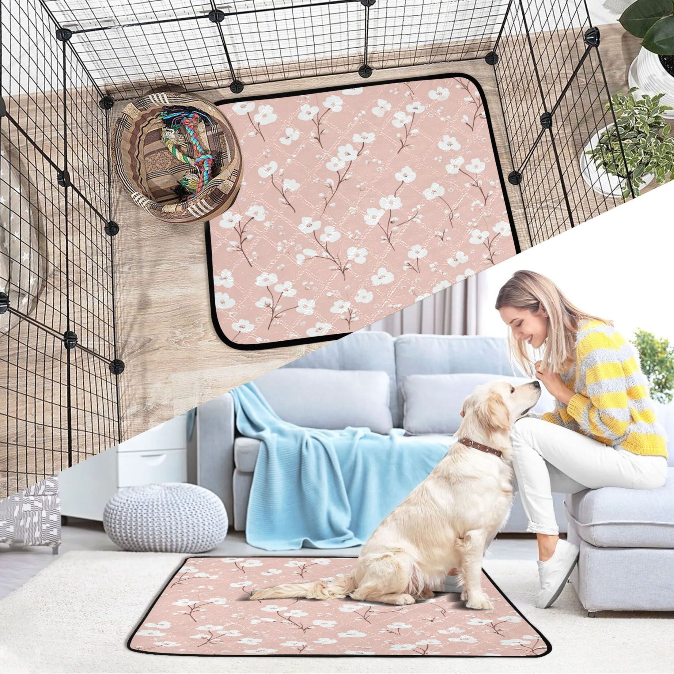 Qxltty Pattern with Small White Flowers on Pink Background Cat litter Pads Pet Set of 3 Diaper Mats Center Anti-leakage Layer Absorbent Soft and Comfortable