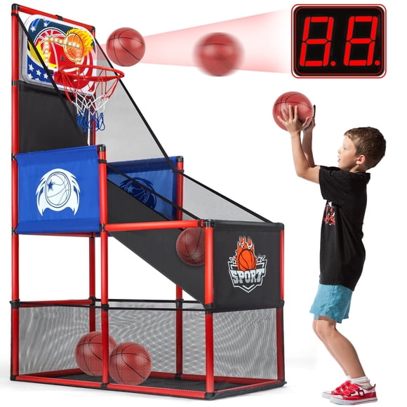 MOEAWS Basketball Arcade Game Set Indoor/Outdoor with LED Scoring and Cheer Sounds, Sport Play Toy Includes 4 Balls & Instruction & Pump for Teen Kids Birthday Christ