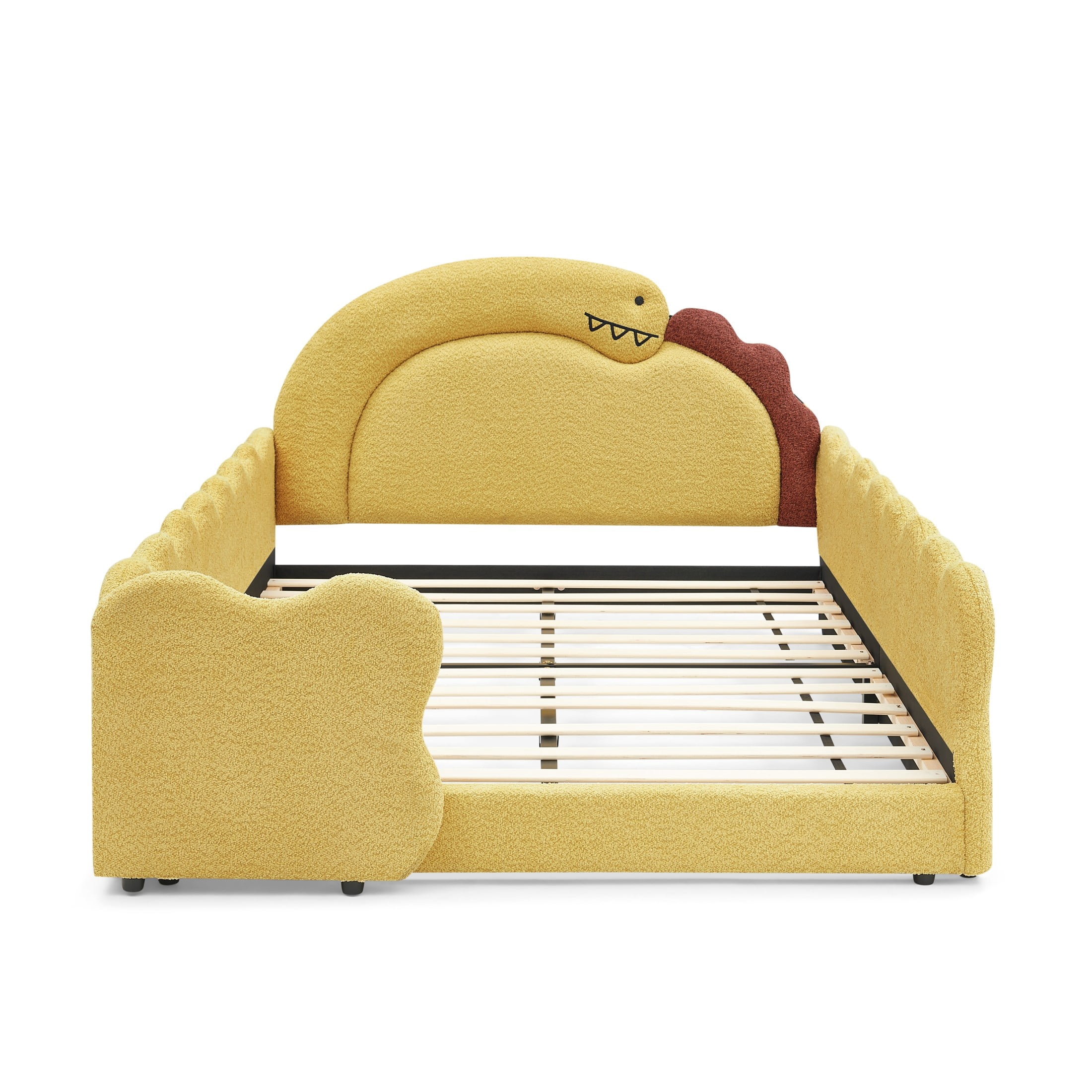 GDF Studio Full Size Cute Dinosaur Bed with Safety Guardrails & Solid Wood Frame, Boucle Fabric Upholstered Bed, Yellow