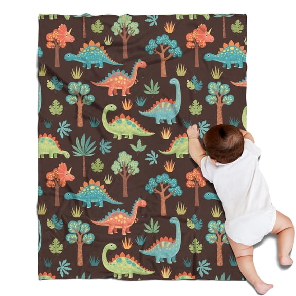 DarkBrown Cartoon Dinosaurs Forest Pattern Blanket,Comfortable Soft Flannel Throw Blanket,All Season,Warm Lightweight Blankets for Sofa Bed Couch Living Room Chair,30"x40"