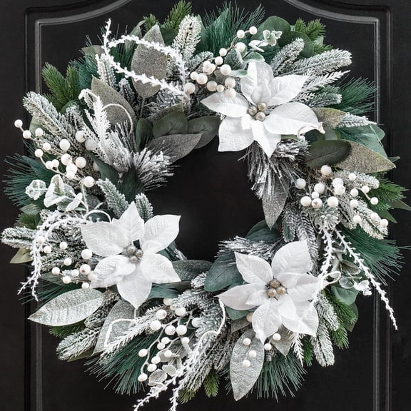Winter Wreaths for Front Door 18 Inch Outdoor Christmas Wreath Artificial Winter Door Wreath with White Christmas Flowers,Snowy Eucalyptus and White Berry for Farmhouse Home Wall Door Decor