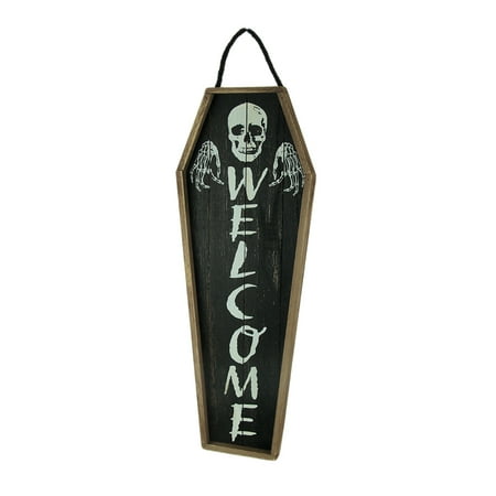 Hello Horror Scary Skeleton Coffin Shaped Hanging Welcome Sign