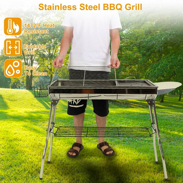 iMounTEK Foldable BBQ Grill Stainless Steel Charcoal Barbeque Grill Set for Camping Picnic Backyard Cooking Party 38.98x13.39x27.56in