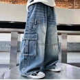 thumbnail image 2 of Ticikt Boys Cargo Jeans, Elastic Waist Vintage Washed Denim Pants Multi‑Pocket Loose Wide Leg Casual Trousers,Size:6-7 Years, 2 of 9