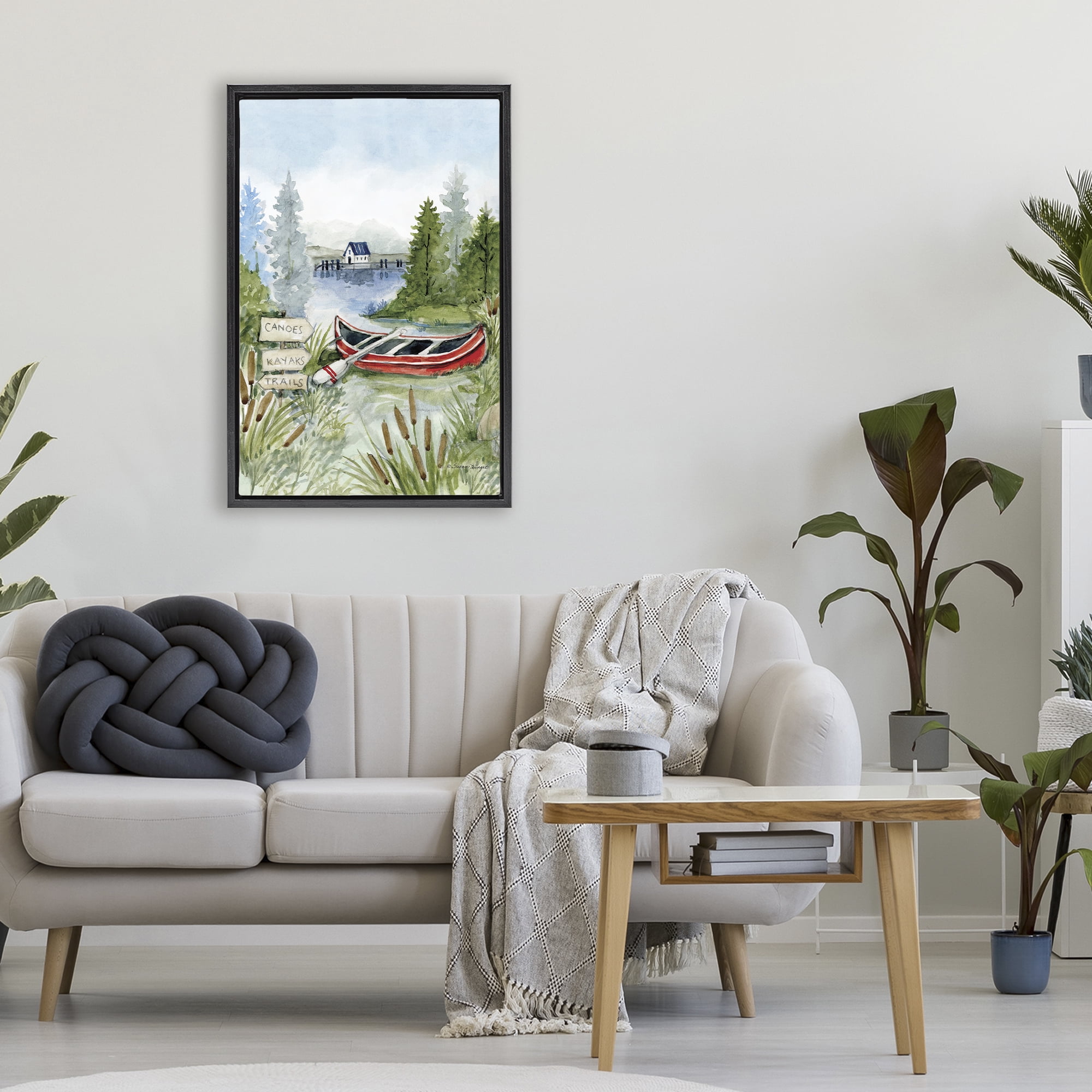Stupell Industries Canoe On Lake Black Framed Floater Canvas Wall Art, design by Susan Winget