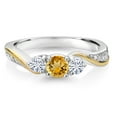 thumbnail image 2 of Gem Stone King 925 Silver and 10K Yellow Gold Yellow Citrine White Moissanite and White Lab Grown Diamond 3 Stone Engagement Ring for Women (0.48 Cttw, November Birthstone, Size 5), 2 of 3
