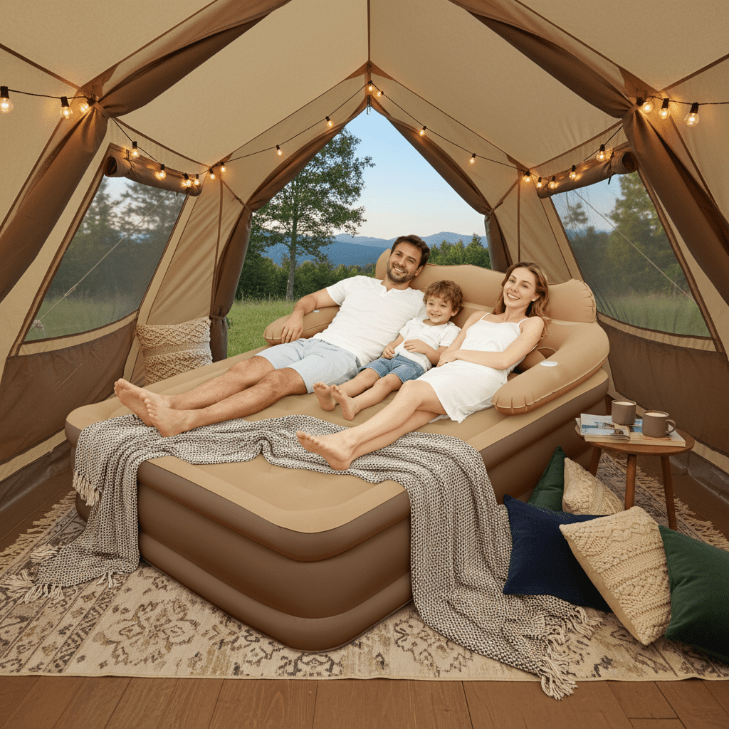 LIXI 18.9in Queen Air Mattress with Headboard &Pump ,  Inflatable Mattress Airbed for Home & Camping & Travel (Brown)