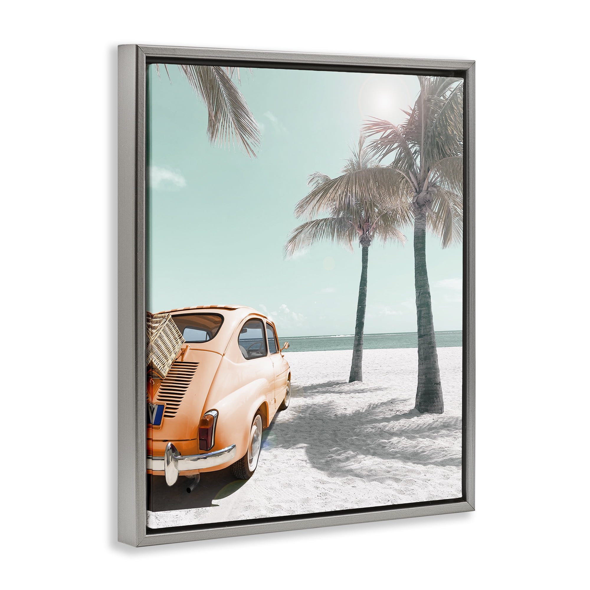 Stupell Industries Orange Car on Beach Coastal Painting Gray Floater Framed Canvas Art Print Wall Art, 17 x 21
