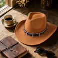 thumbnail image 5 of Qwertyu Wide Brim Western Cowboy Cowgirl Hat with Wind Lanyard Felt Fedora Hat for Men Women Khaki, 5 of 6