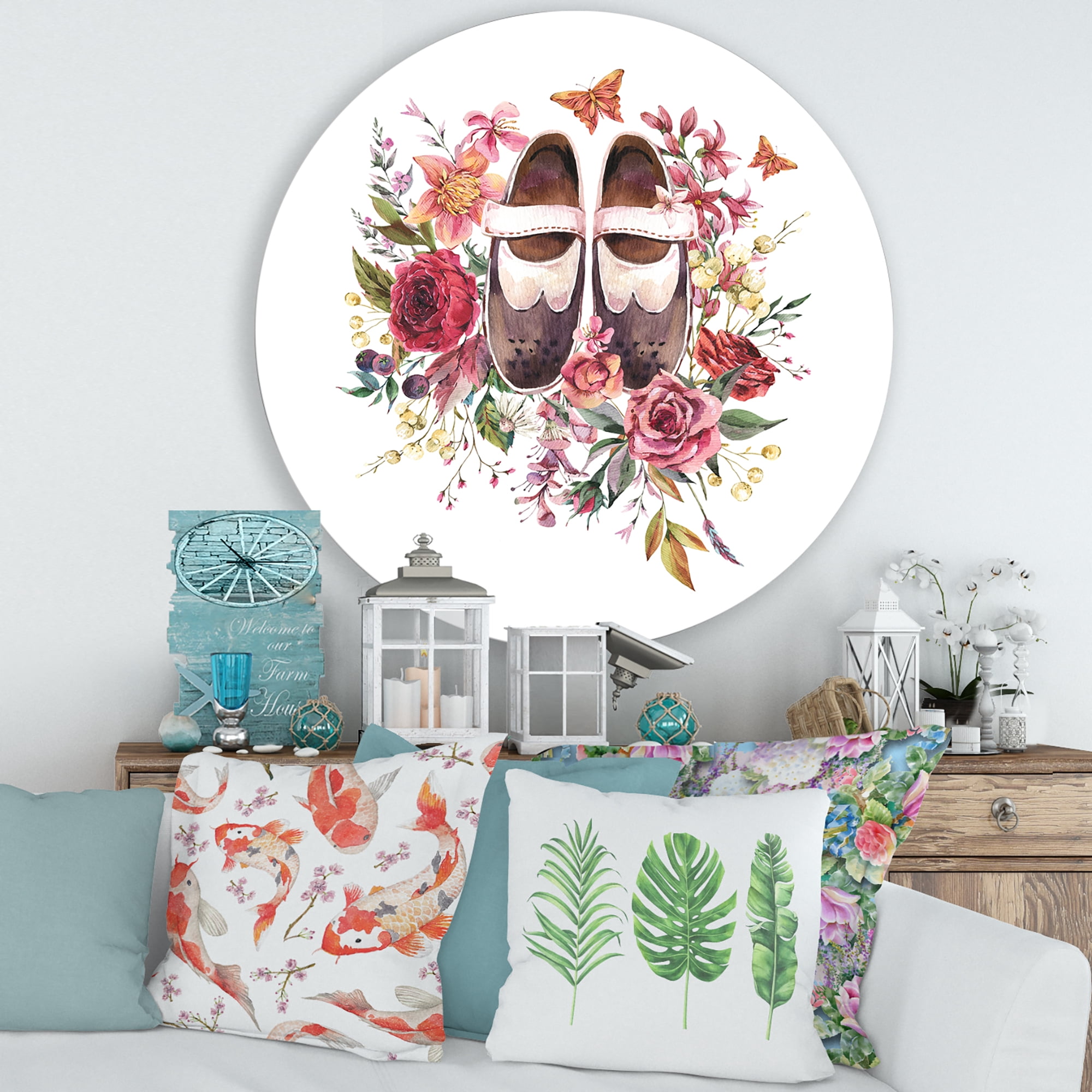Designart 'Wildflowers With Ancient Oxford Shoes' Farmhouse Circle Metal Wall Art 36x36 - Disc of 36