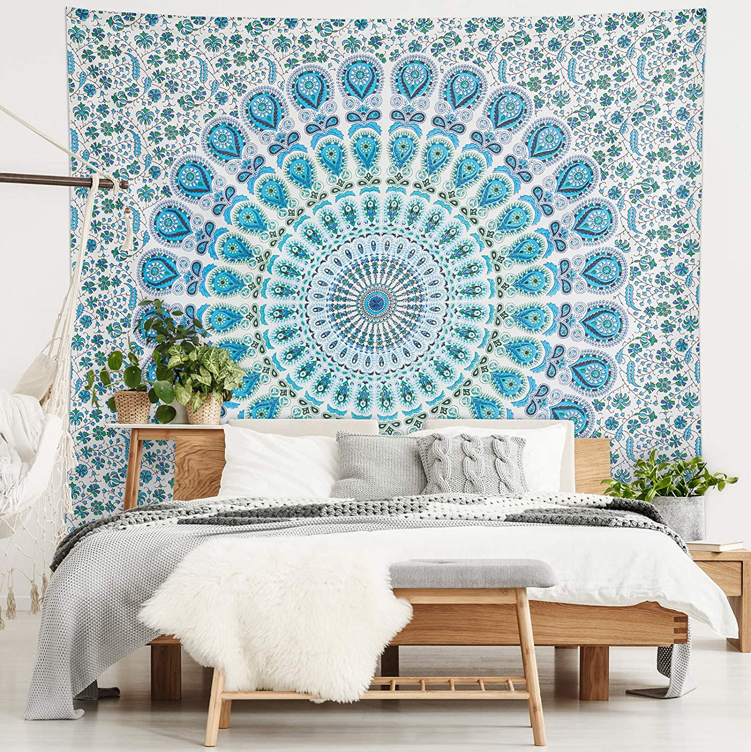 Americanflat Mandala Tapestry Wall Hanging - Boho Hippie Indie Colorful Decoration Artwork Blanket for Living Room, Bedroom, or College Dorm - Handcrafted in India 100% Cotton, 90x102 Blue