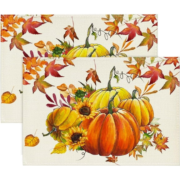 2Pcs/4Pcs/6Pcs/8Pcs Pumpkins Maple Leaves Sunflower Fall Placemats, 12x18 Inch Seasonal Table Mats for Table Runner Party Kitchen Dining Decoration