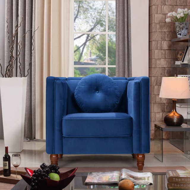 ViscoLogic Tuxedo Mid Century Tufted Style Fabric Living Room Arm Sofa Chair (Navy Blue)