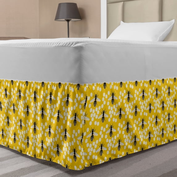 Queen Bee Bed Skirt, Repeating Continuous Print of Striped Buzzing Flies, Elastic Bedskirt Dust Ruffle Wrap Around for Bedding Decor, 4 Sizes, Mustard Charcoal Grey, by Ambesonne
