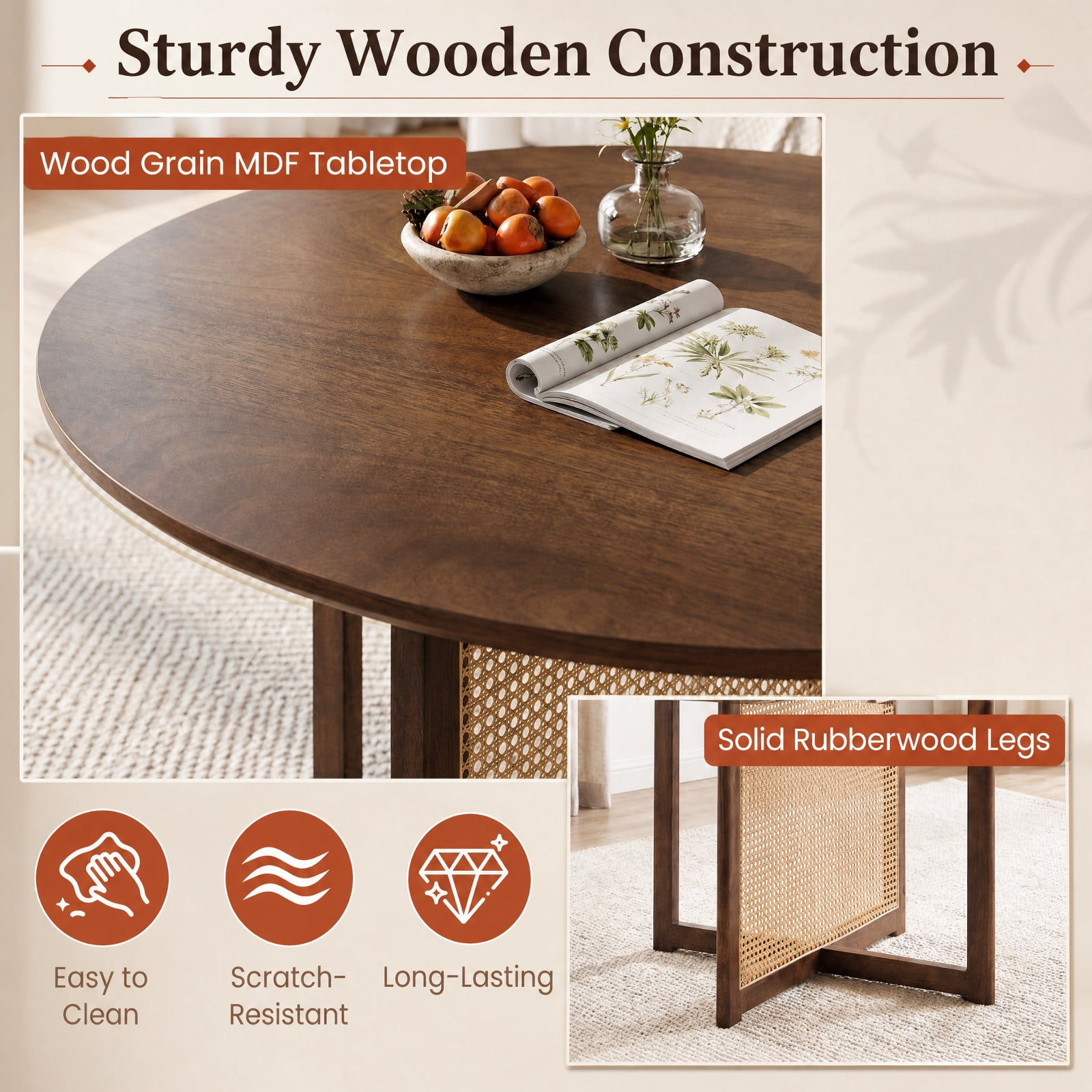 Furnibear 37 Inch Round Dining Table for 4 with Cross Pedestal Base and Rattan Accent for Kitchen and Breakfast Nook, Walnut