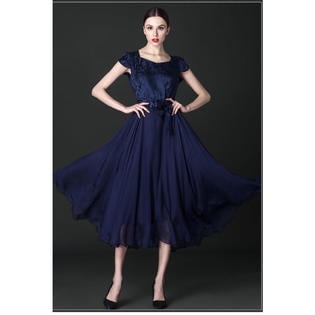 Women Silk Printed Top Bow Waist Special Occasion Dress Blue