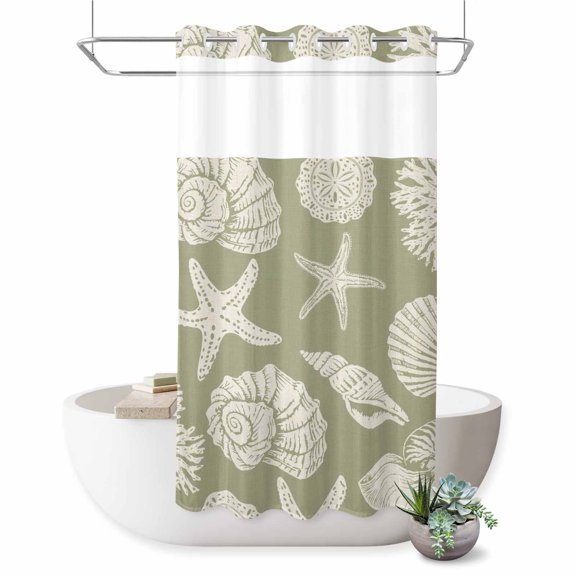 No Hook Shower Curtain, Sage Green Starfish Coastal Shower Curtains for Bathroom with See Through Top Window, Shell Summer Beach Nautical Waterproof & Washable Bath Curtain Narrow 54"x78"