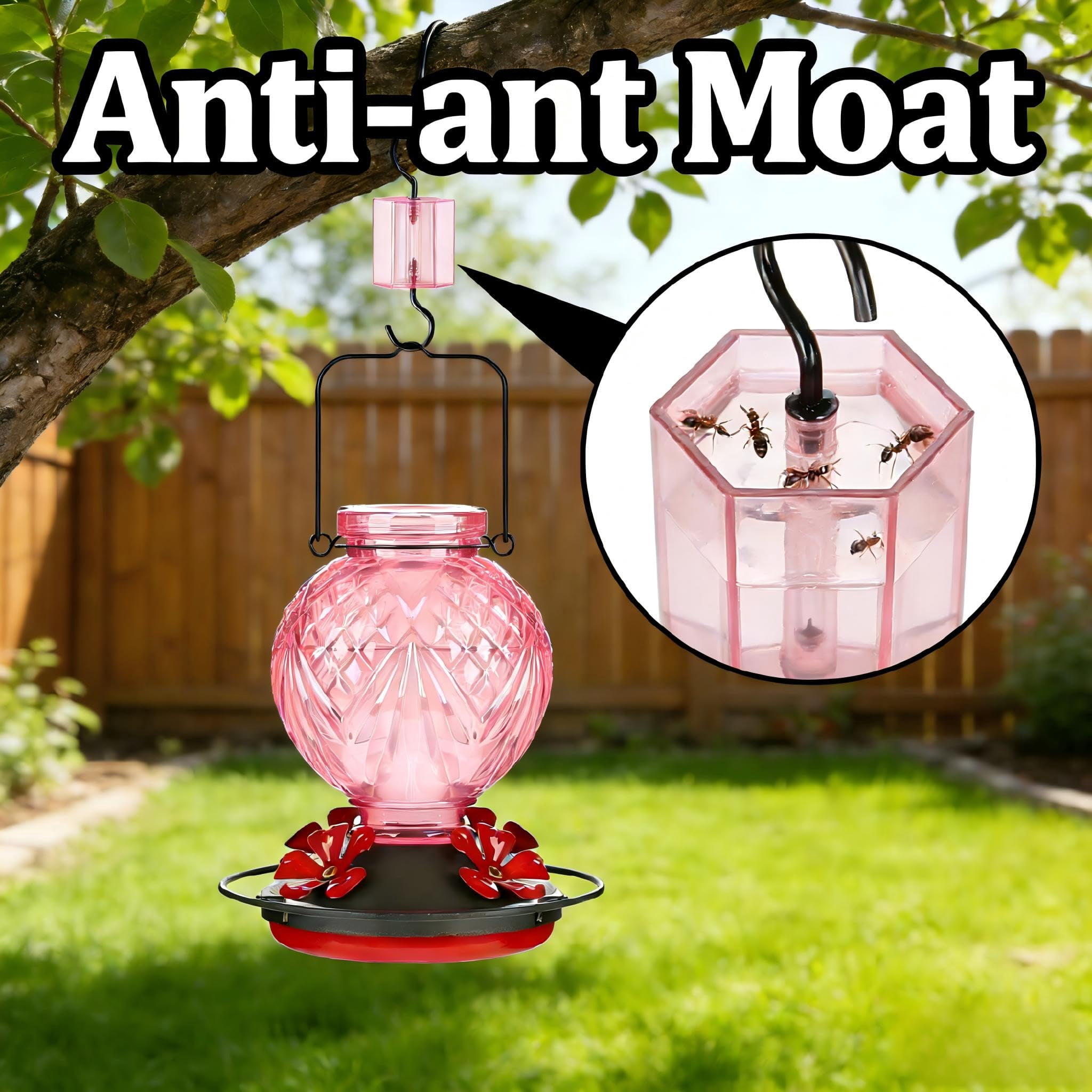 25 OZ Glass Hummingbird Feeder for Outdoors Hanging, Humming Bird Nectar Feeder with Ant Moat, 4 Bee-Proof Feeding Ports, 360° Perch, Leak-Proof, Gifts for Women Mom, Red