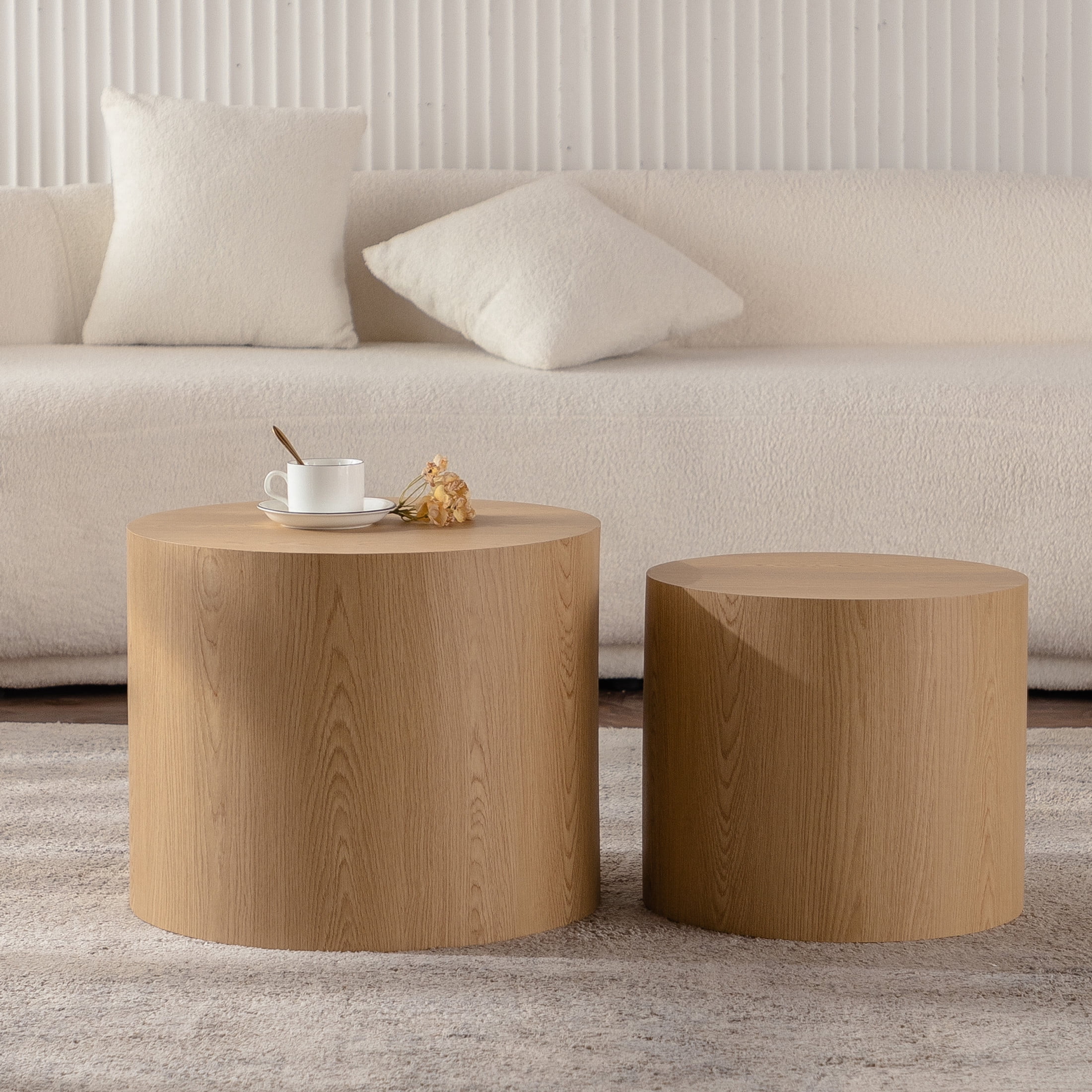 Noble House Nathan 2-Piece Round Nesting Coffee Table Set, Modern Wooden Industrial Side Tables, Light Wood, Set of 2