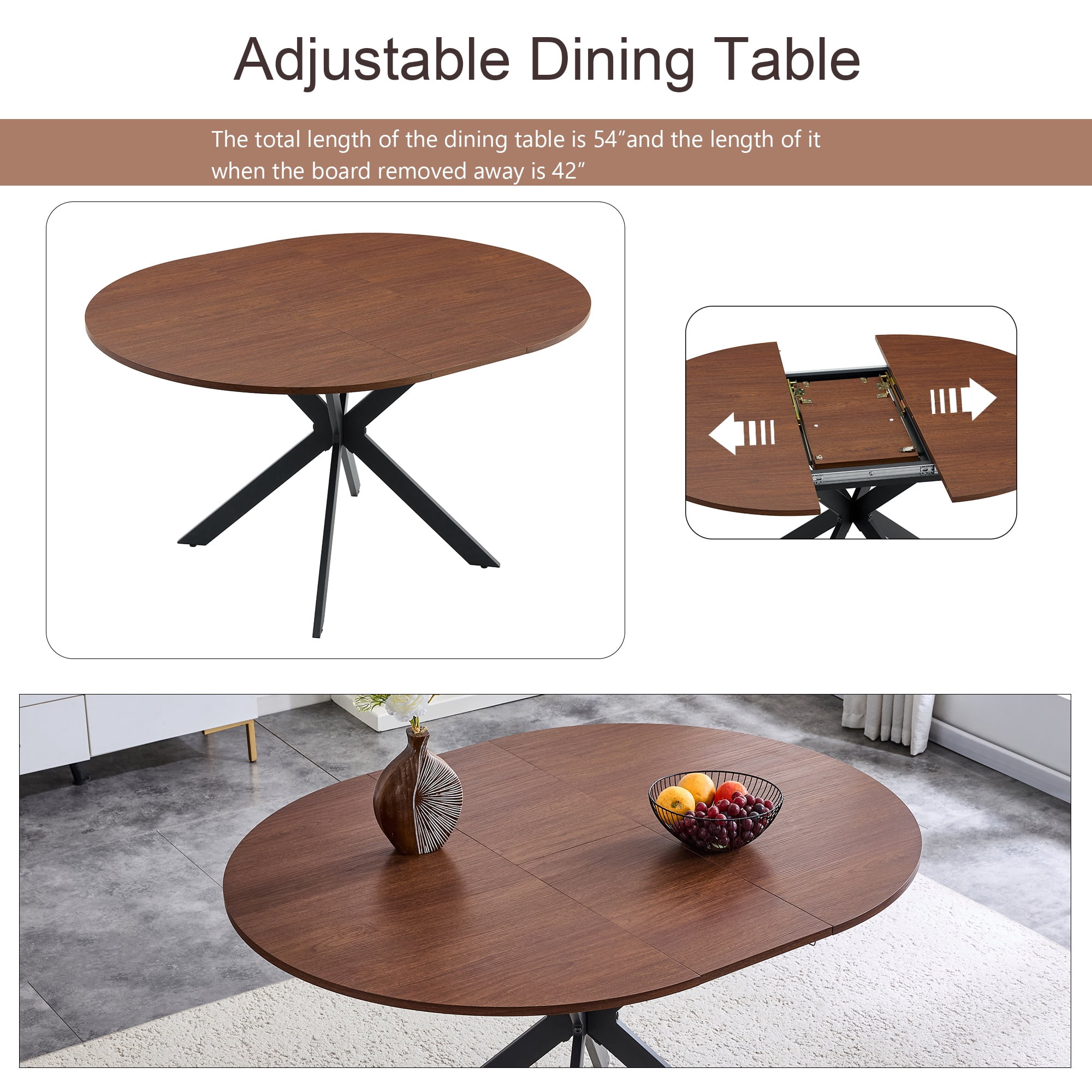 Alvantor 43"-54" Extendable Round Dining Table with Metal Legs, Walnut