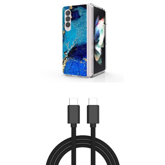 Accessory Bundle for Galaxy Z Fold 4: Slim Snap-On Case (Blue Gold Marble), PD Power Delivery USB-C to USB-C Cable (3 Feet)