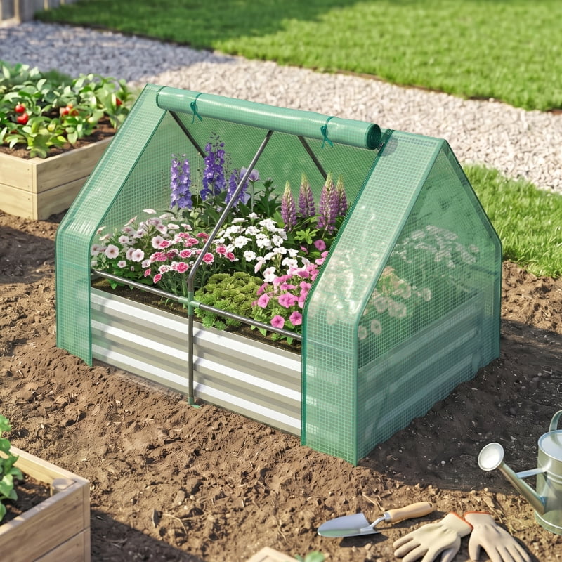 Alvantor Galvanized Raised Garden Bed with Mini Greenhouse Cover 50" Green & Gray 2-in-1