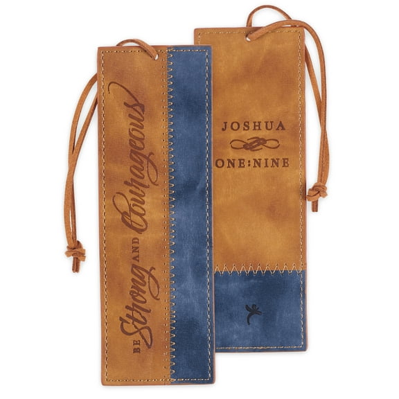 Christian Art Gifts Premium Vegan Leather Scripture Bookmark for Men & Women: Strong & Courageous Inspirational Bible Verse, Unique Sturdy Luxury Reading Book Accessory, Light Brown & Navy Blue & Cord