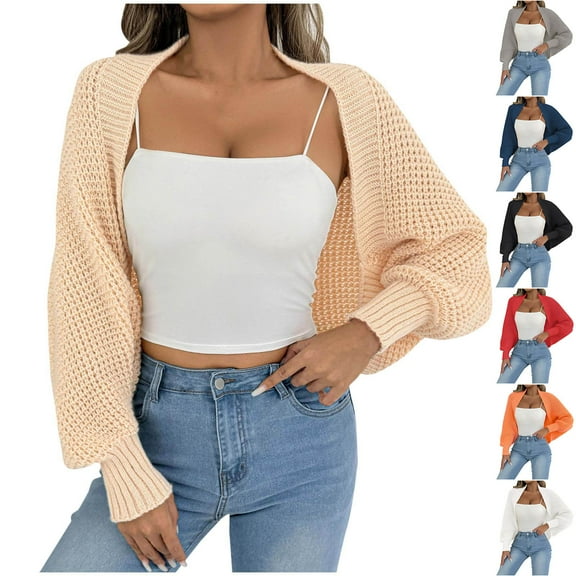 Brqkzdu Women's Knit Bolero Shrug Open Front Long Sleeve Cropped Chunky Sweater Breathable Loose Comfy Casual Crochet Cardigans