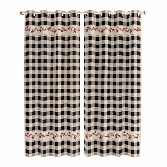 Country Star Plaid Kitchen Curtains 84 Inch Length, Black Retro American Farm Barn Berry Grommet Top Bedroom Living Room Curtains, Light Filtering Cafe Curtain Drapes 2 Panels Set 84''x84''