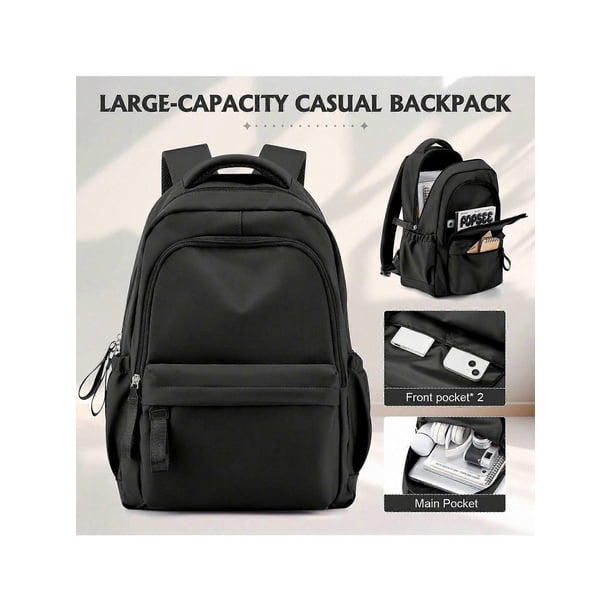 School Laptop Backpack: Leisure Black Laptop Backpack With Adjustable Straps - Large Capacity Casual Shoulder Book Bag For Travel School Sports