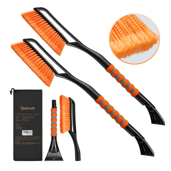 AstroAI 27" Snow Brush and Detachable Ice Scraper for Cars, with Ergonomic Foam Grip, Yellow, 2 Pack for Gifts