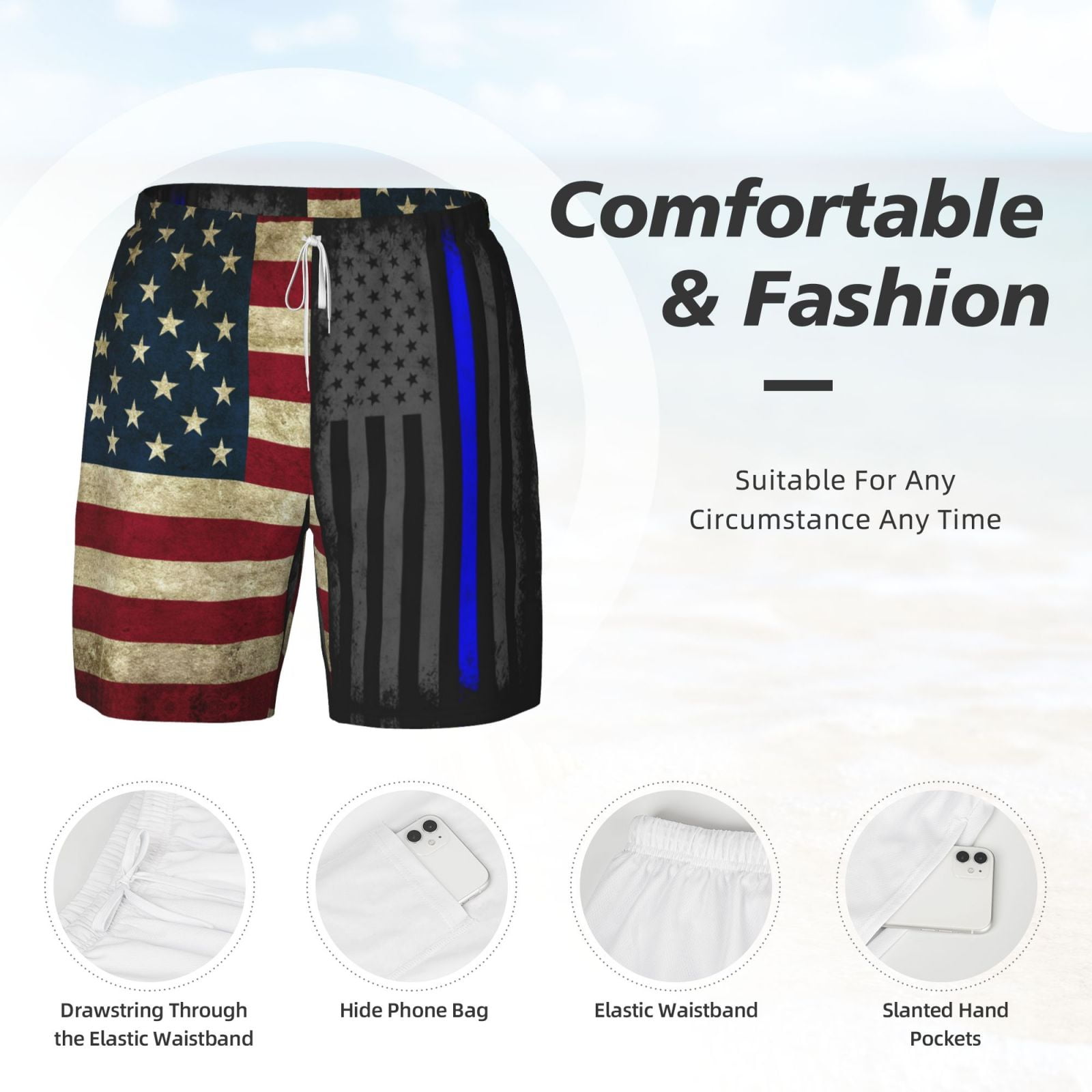 Men's America Thin Blue Line Flag Swim Trunks with Compression Liner Bathing Suit Swimwear