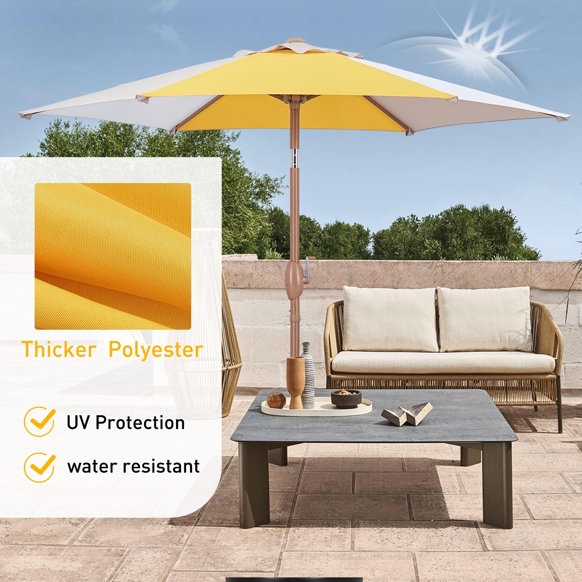Autlaycil 7.5ft Yellow/Khaki/White Patio Umbrella with Base and Button Tilt Sun Shelter UV Protection Beach for Market, Beach, Patio, Pool, Garden Backyard