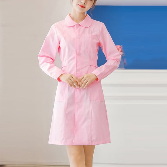 HAJWOH Womens Scrubs Dress Lapel Neck Long Sleeve Button Work Dresses Stretchy Lightweight Workwear Pink M