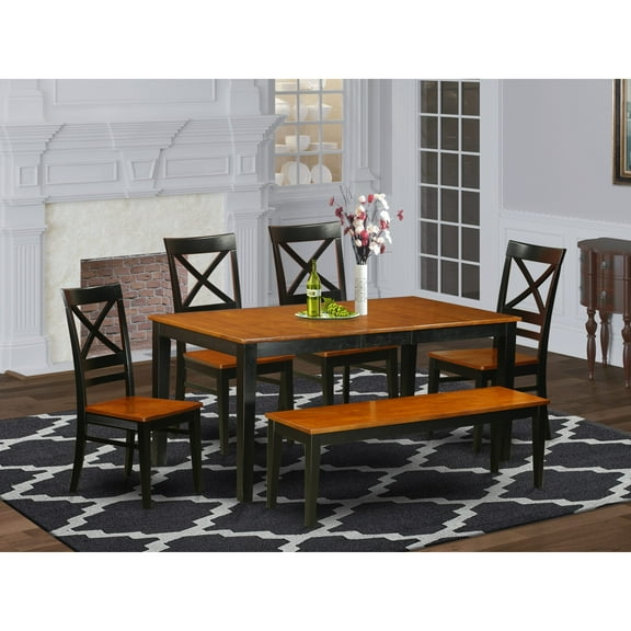 NIQU6-WHI-W East West Furniture Dining Table Set Contains a Rectangle Kitchen Table and Dining Chairs with a Bench (Finish Color Options) Black