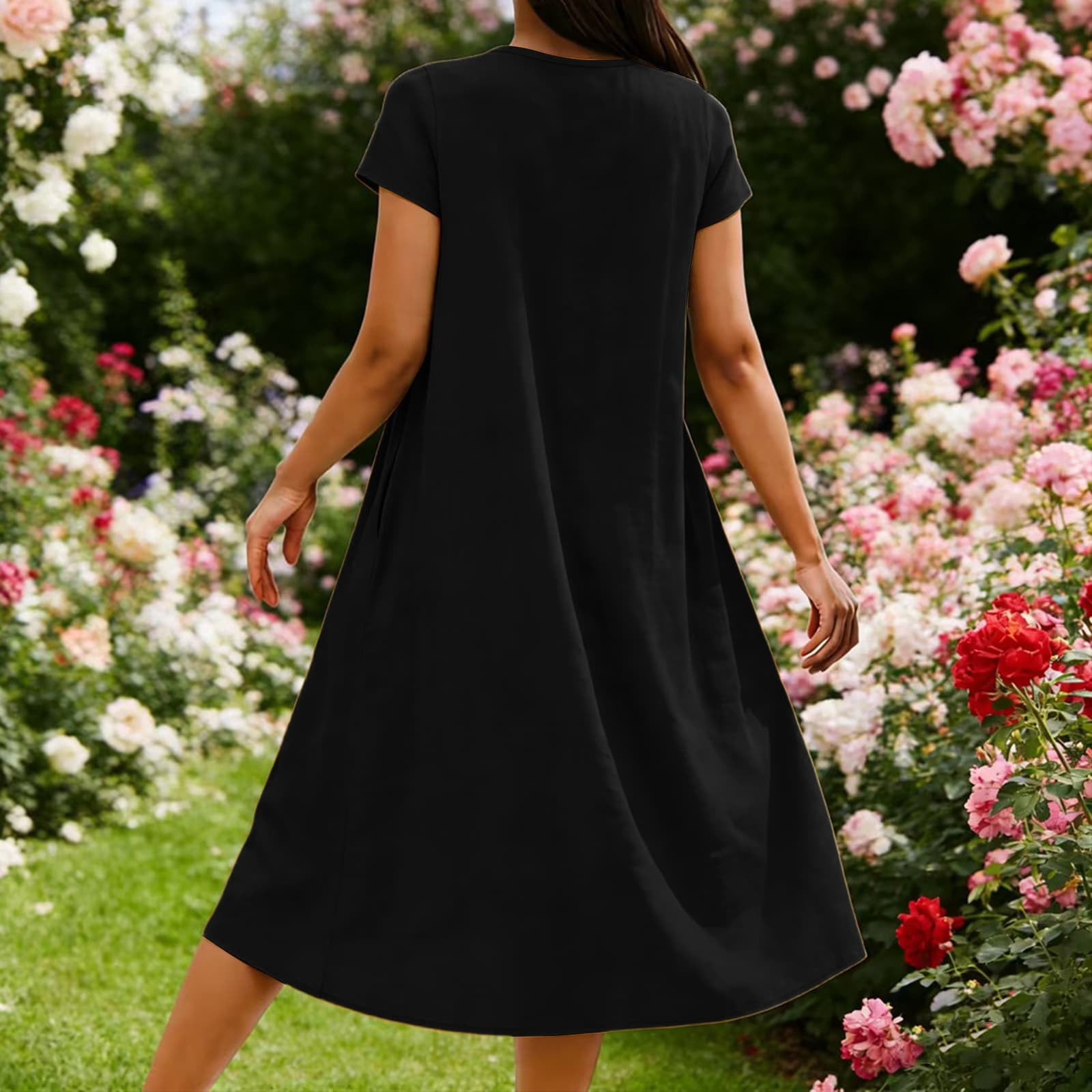 YFNNUP Short Sleeve Cotton Linen Maxi Dress for Women Round Neck Casual Summer Dresses Vintage Flowy Beach Vacation Sundress with Pockets